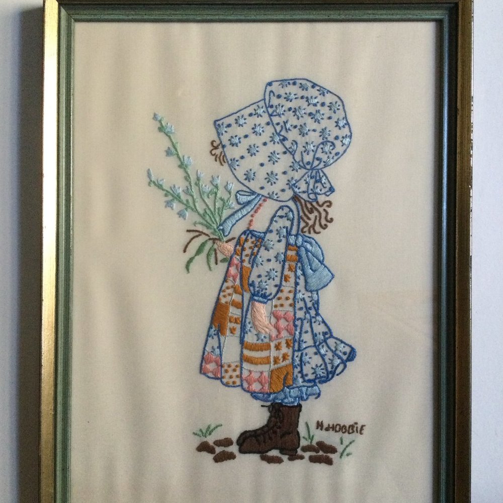 Finished Holly Hobbie crewel Embroidery picture framed